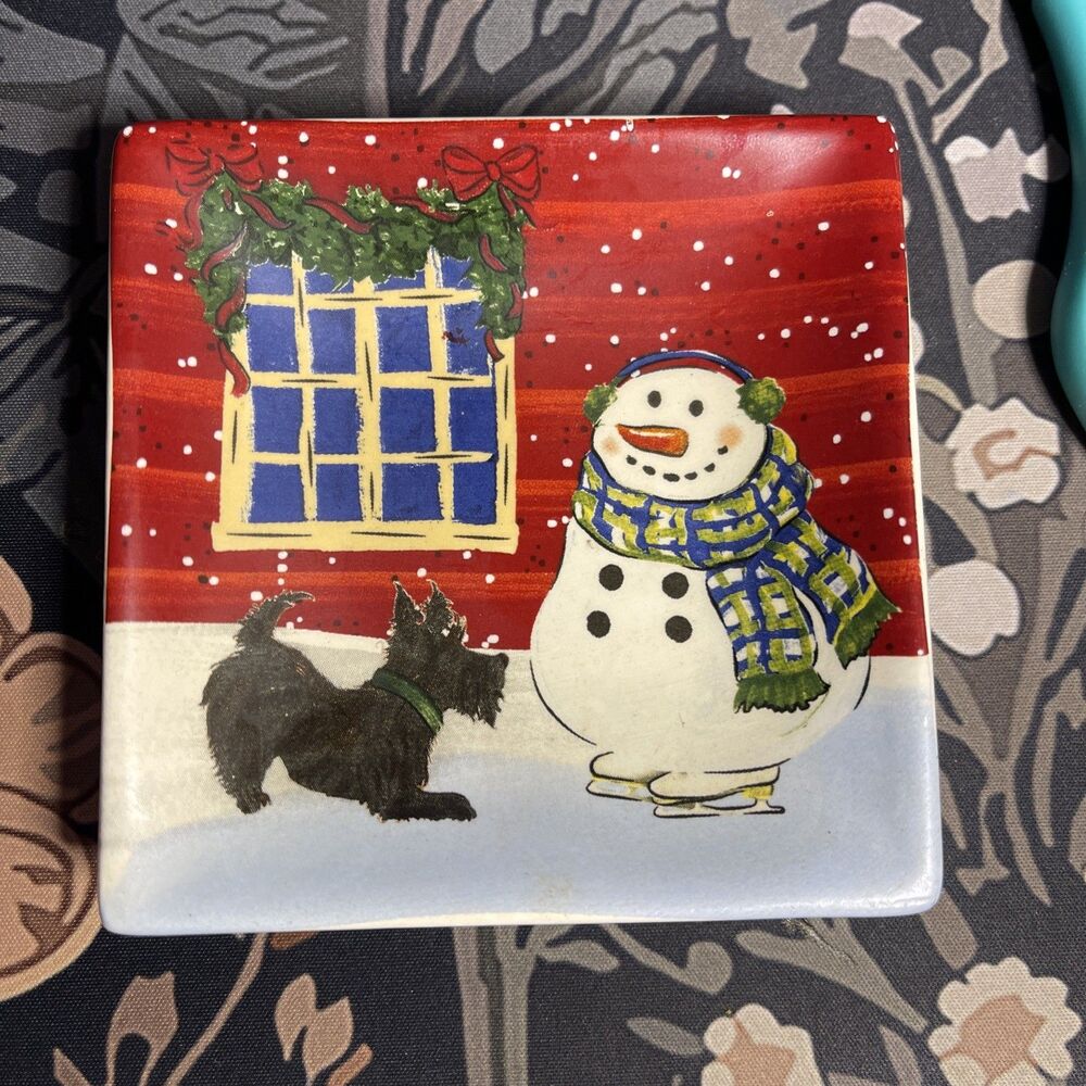 Nantucket Home for Holiday Snowman Family Christmas Square Plate 4 in Hand Paint